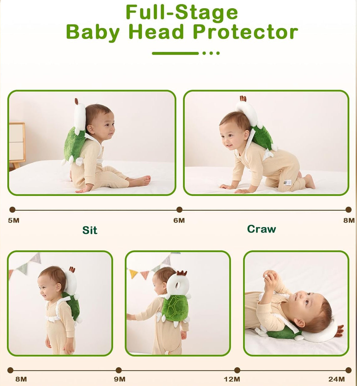 Baby Head Protector Backpack, Toddler Walking Fall Head Protection, Green Turtle