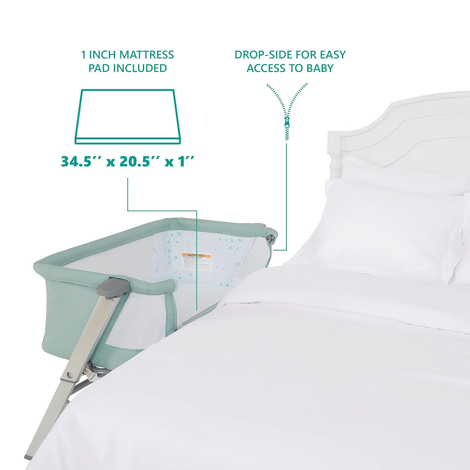 Skylar Bassinet and Bedside Sleeper in Mint, Lightweight and Portable Baby Bassinet, Five Position Adjustable Height, Easy to Fold and Carry Travel Bassinet, JPMA Certified