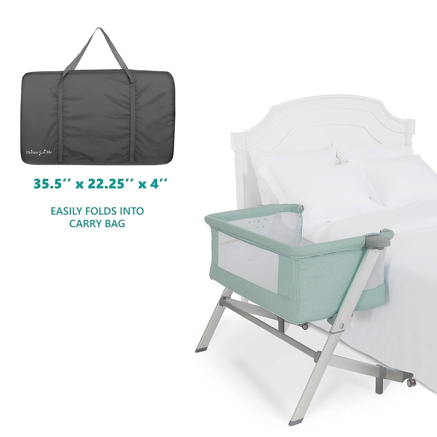 Skylar Bassinet and Bedside Sleeper in Mint, Lightweight and Portable Baby Bassinet, Five Position Adjustable Height, Easy to Fold and Carry Travel Bassinet, JPMA Certified