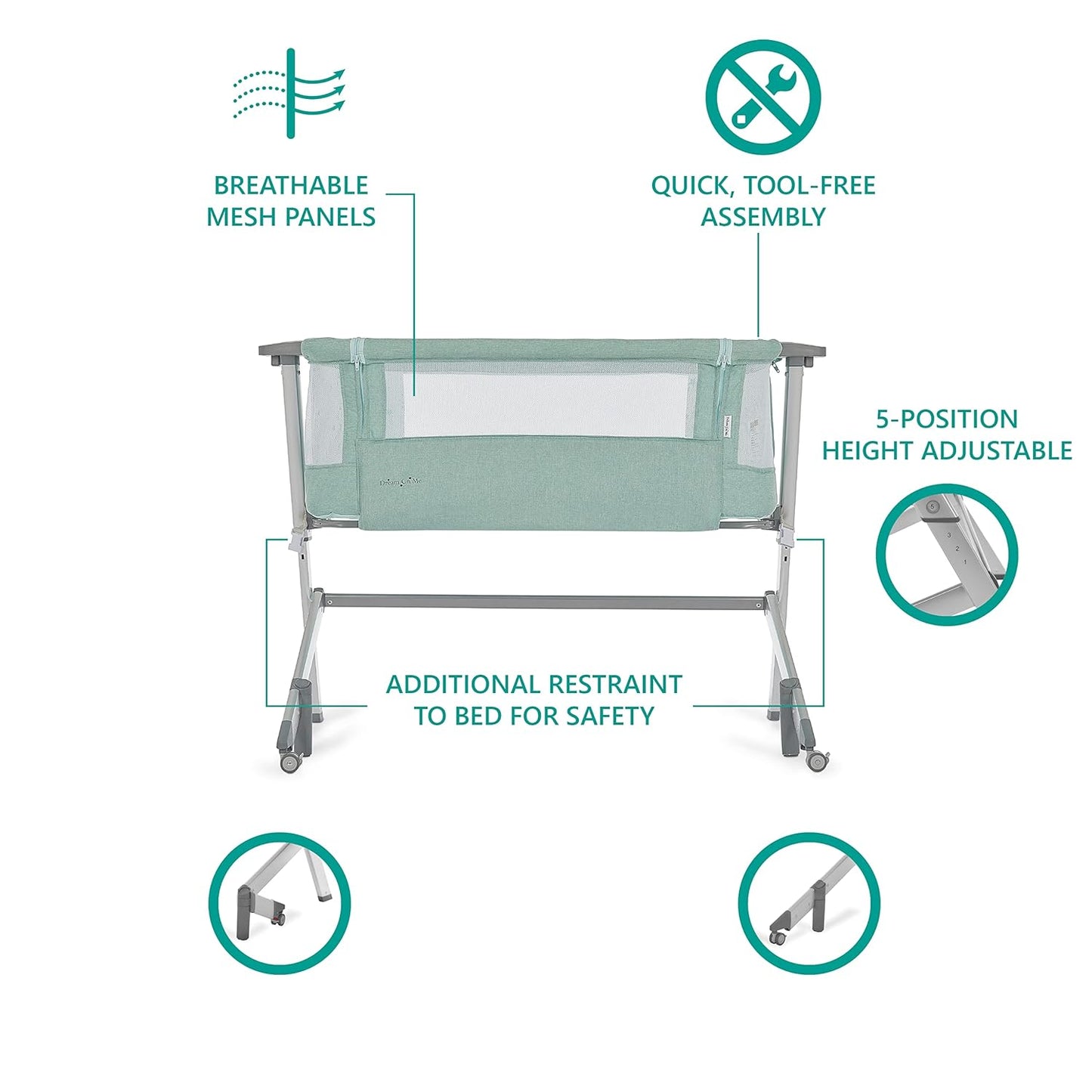 Skylar Bassinet and Bedside Sleeper in Mint, Lightweight and Portable Baby Bassinet, Five Position Adjustable Height, Easy to Fold and Carry Travel Bassinet, JPMA Certified