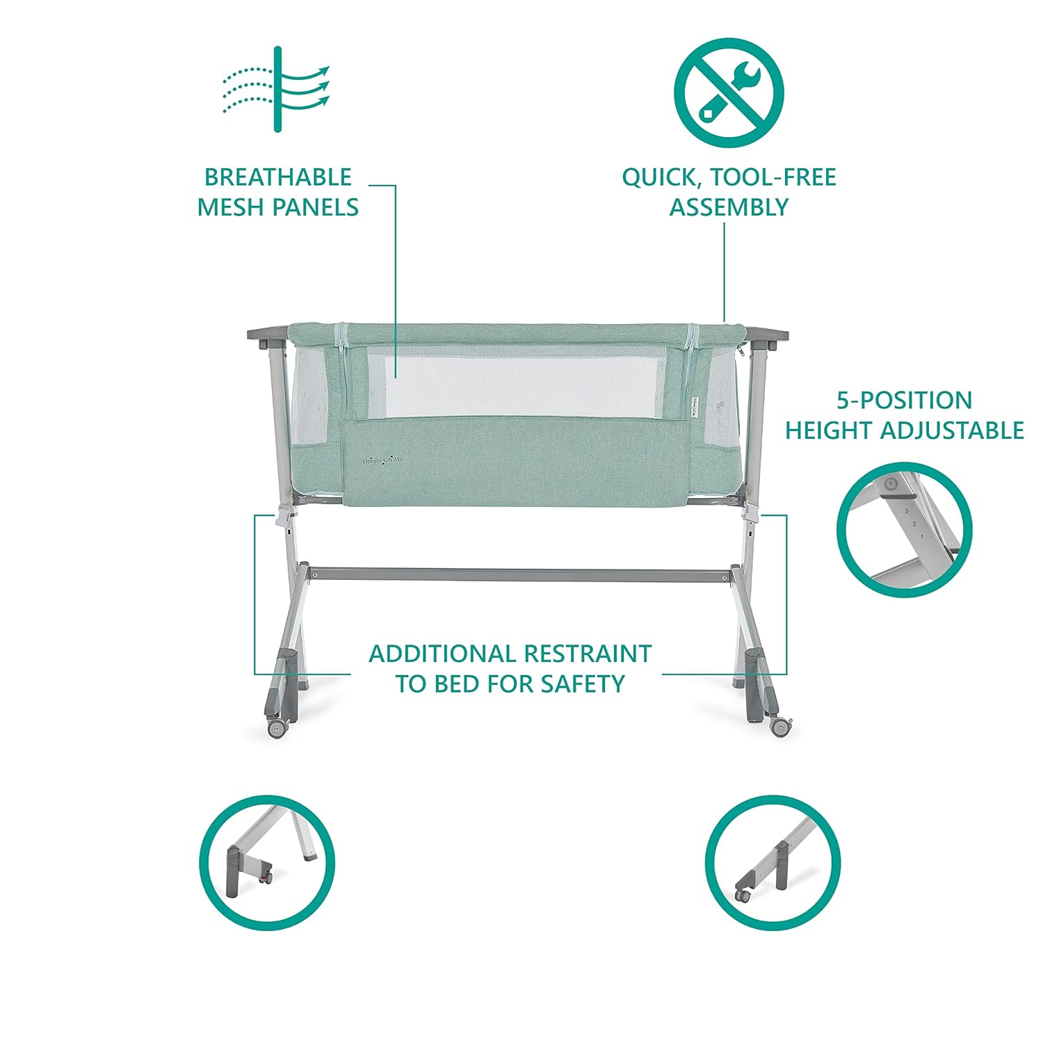 Skylar Bassinet and Bedside Sleeper in Mint, Lightweight and Portable Baby Bassinet, Five Position Adjustable Height, Easy to Fold and Carry Travel Bassinet, JPMA Certified