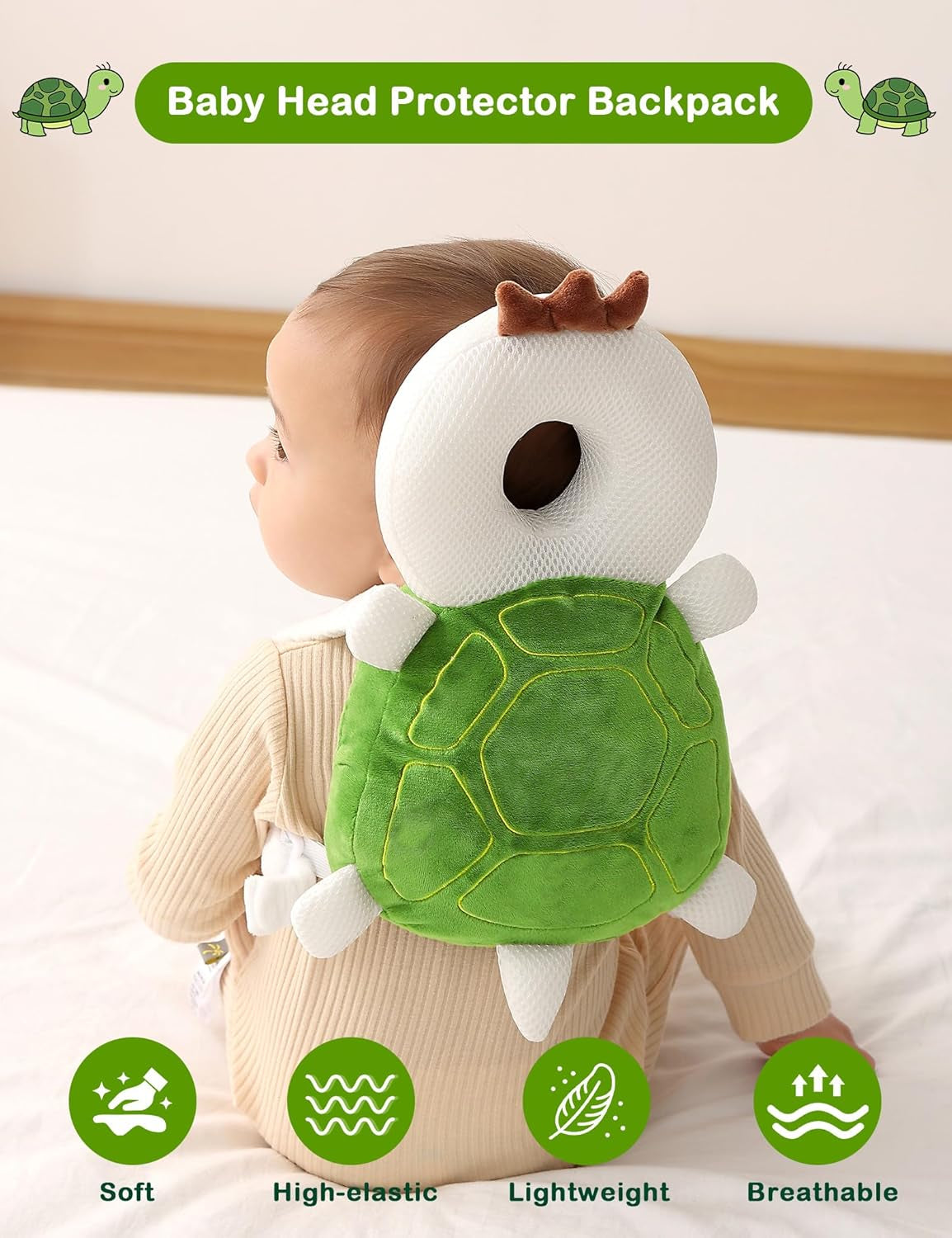 Baby Head Protector Backpack, Toddler Walking Fall Head Protection, Green Turtle